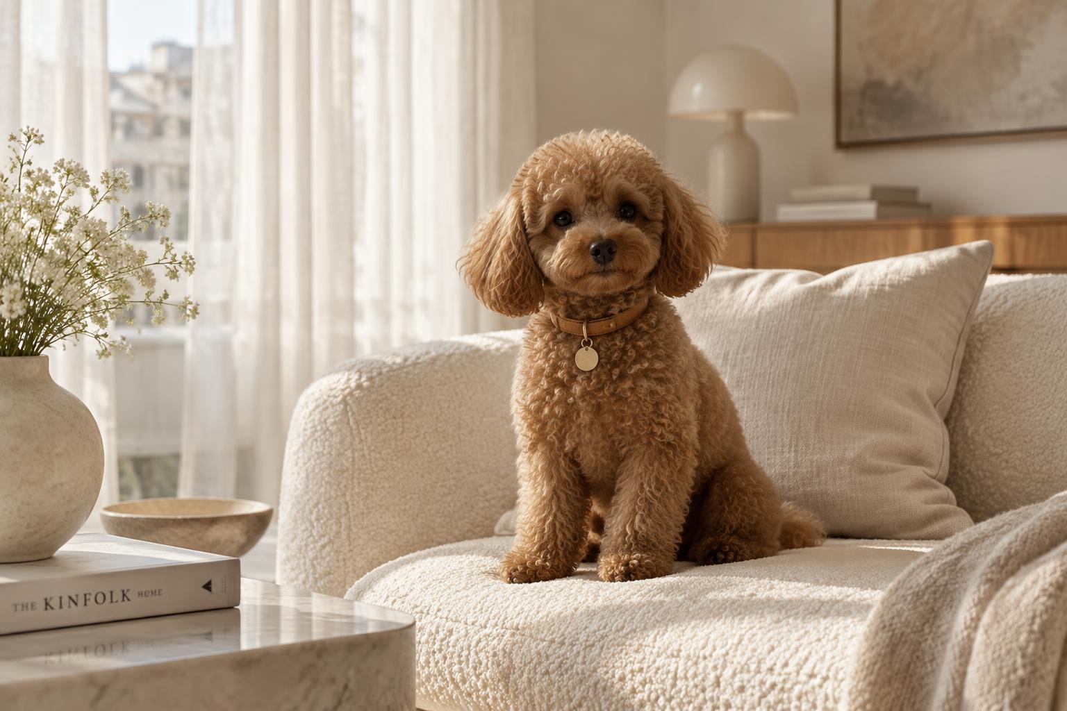 Toy poodle wearing a caramel leather collar on a cream sofa